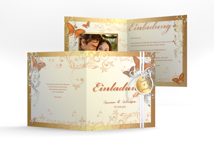 Hochzeitseinladung Toulouse quadr. Klappkarte orange silber romantisch mit Schmetterlingen
