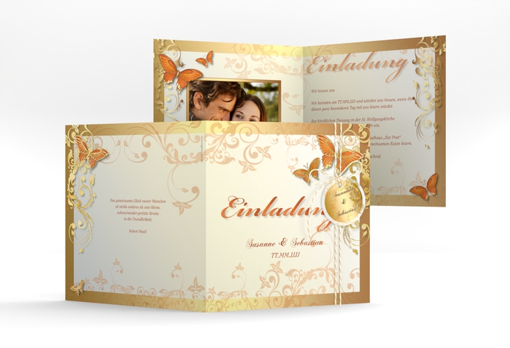 Hochzeitseinladung Toulouse quadr. Klappkarte orange gold romantisch mit Schmetterlingen