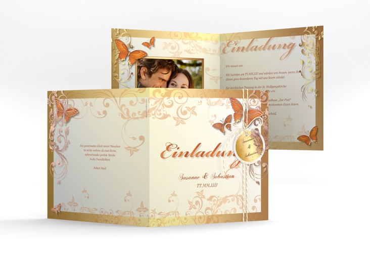 Hochzeitseinladung Toulouse quadr. Klappkarte orange rosegold romantisch mit Schmetterlingen