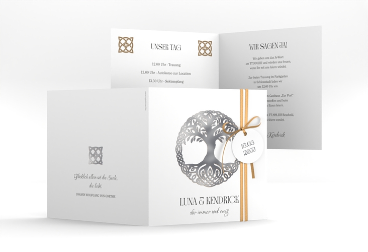 Hochzeitseinladung Lebensbaum quadr. Klappkarte weiss silber im Stil der Kelten und Wikinger
