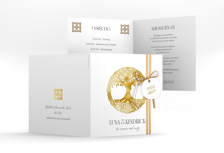 Hochzeitseinladung Lebensbaum quadr. Klappkarte weiss gold im Stil der Kelten und Wikinger