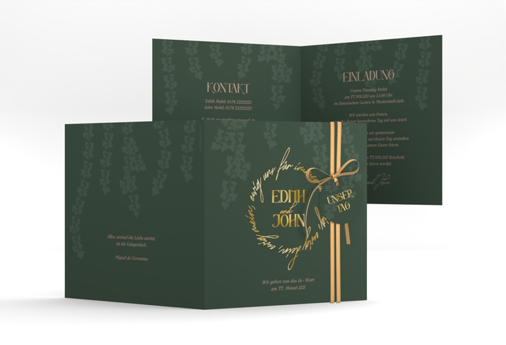 Hochzeitseinladung Efeugrün quadr. Klappkarte gruen gold im Fantasy-Elfen-Design mit Efeu