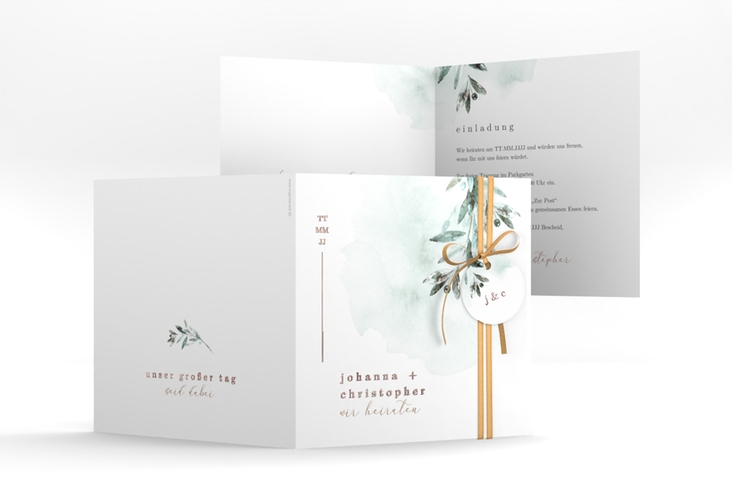Hochzeitseinladung Mediterran quadr. Klappkarte gruen rosegold mit Lorbeerzweig in Aquarell