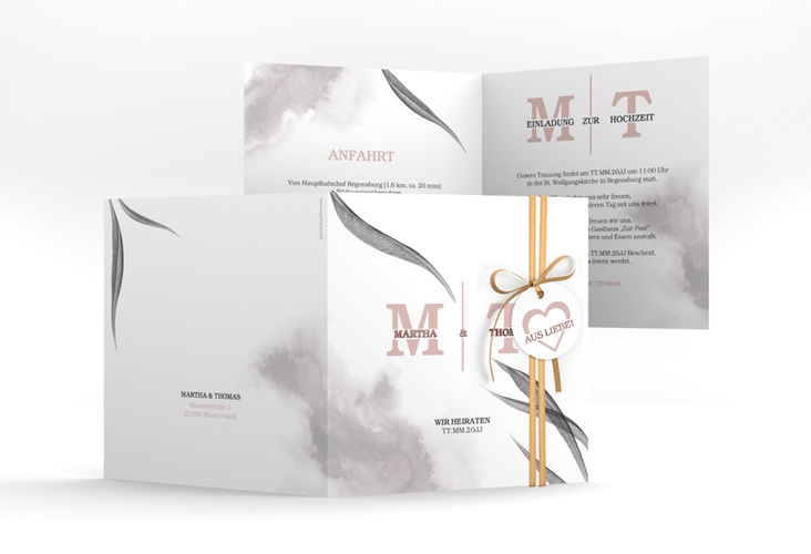 Hochzeitseinladung Initialen quadr. Klappkarte weiss rosegold