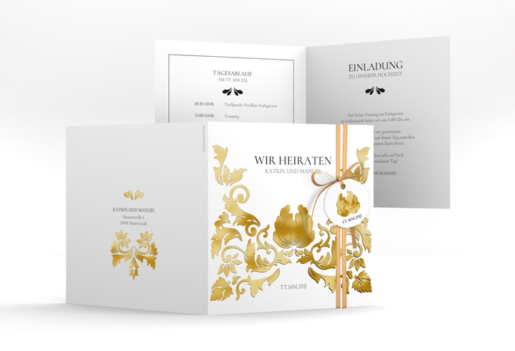 Hochzeitseinladung Royal quadr. Klappkarte weiss gold mit barockem Blumen-Ornament