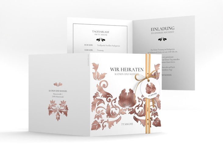 Hochzeitseinladung Royal quadr. Klappkarte weiss rosegold mit barockem Blumen-Ornament