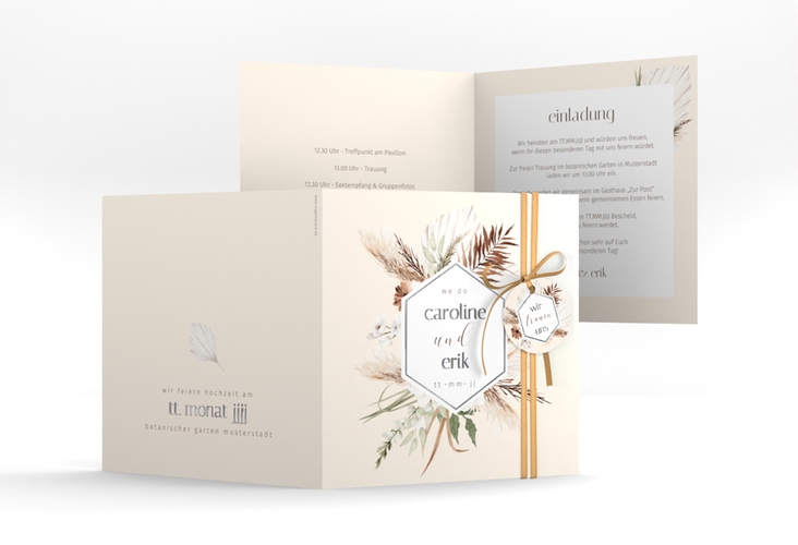 Hochzeitseinladung Bohemian quadr. Klappkarte beige silber im Boho-Style mit Pampasgras