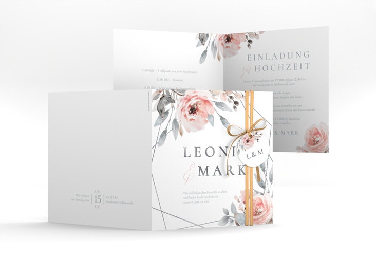 Hochzeitseinladung Perfection quadr. Klappkarte weiss silber mit rosa Rosen