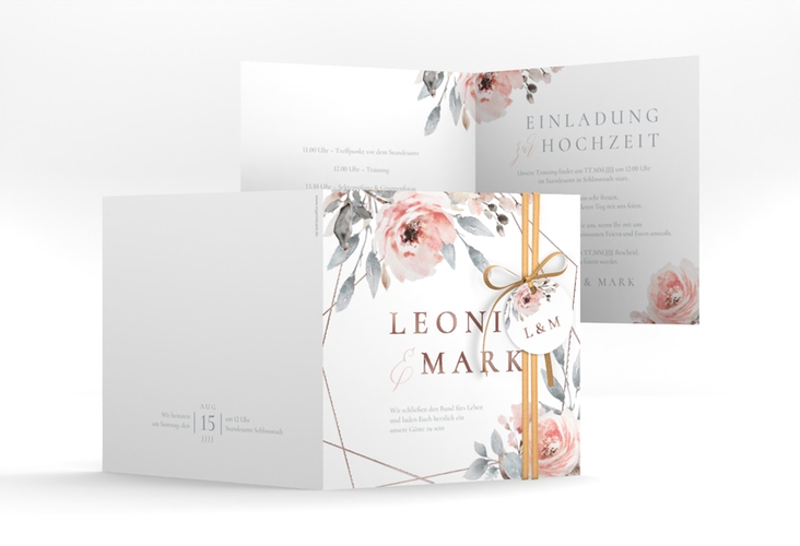 Hochzeitseinladung Perfection quadr. Klappkarte weiss rosegold mit rosa Rosen