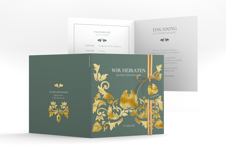Hochzeitseinladung Royal quadr. Klappkarte gruen gold mit barockem Blumen-Ornament