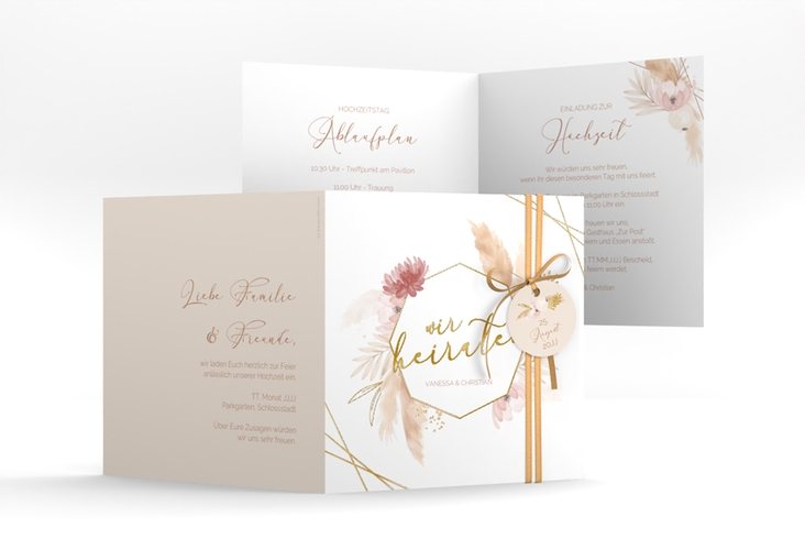 Hochzeitseinladung Bohostyle quadr. Klappkarte beige gold mit Pampasgras in Aquarell