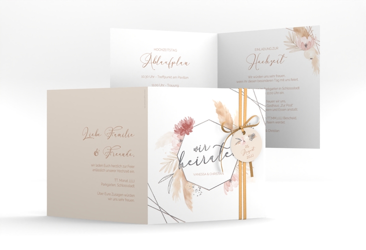 Hochzeitseinladung Bohostyle quadr. Klappkarte beige silber mit Pampasgras in Aquarell