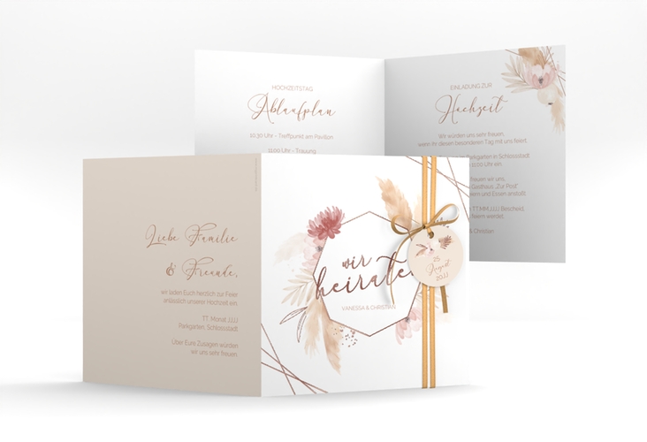 Hochzeitseinladung Bohostyle quadr. Klappkarte beige rosegold mit Pampasgras in Aquarell