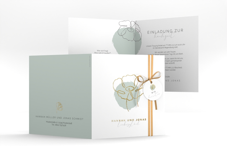 Hochzeitseinladung Flowerline quadr. Klappkarte gruen gold