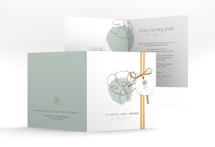 Hochzeitseinladung Flowerline quadr. Klappkarte gruen rosegold