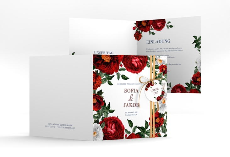 Einladungskarte Hochzeit Florista quadr. Klappkarte weiss rosegold