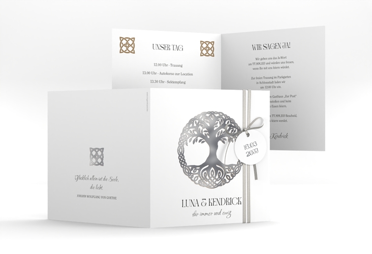 Hochzeitseinladung Lebensbaum quadr. Klappkarte weiss silber im Stil der Kelten und Wikinger
