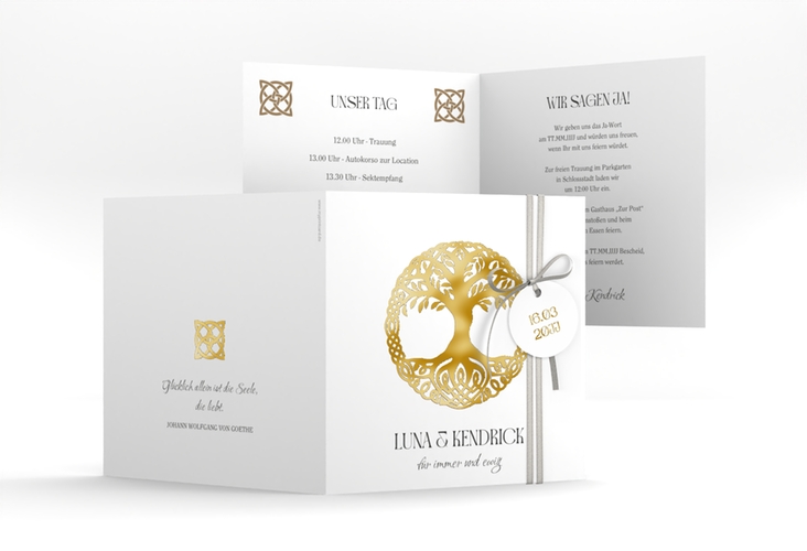 Hochzeitseinladung Lebensbaum quadr. Klappkarte weiss gold im Stil der Kelten und Wikinger