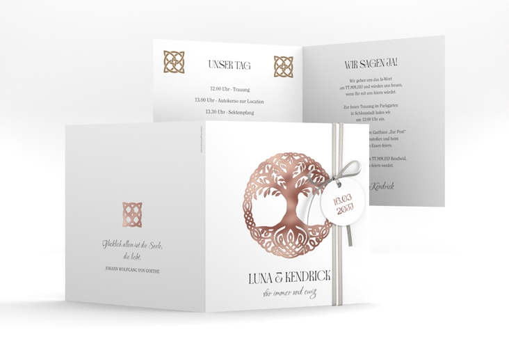 Hochzeitseinladung Lebensbaum quadr. Klappkarte weiss rosegold im Stil der Kelten und Wikinger