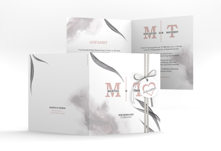 Hochzeitseinladung Initialen quadr. Klappkarte weiss silber