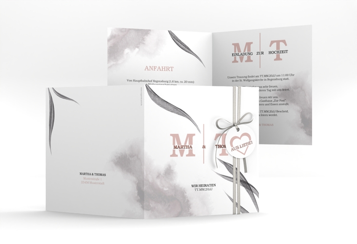 Hochzeitseinladung Initialen quadr. Klappkarte weiss rosegold