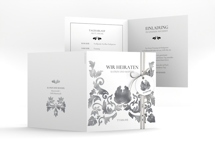 Hochzeitseinladung Royal quadr. Klappkarte weiss silber mit barockem Blumen-Ornament
