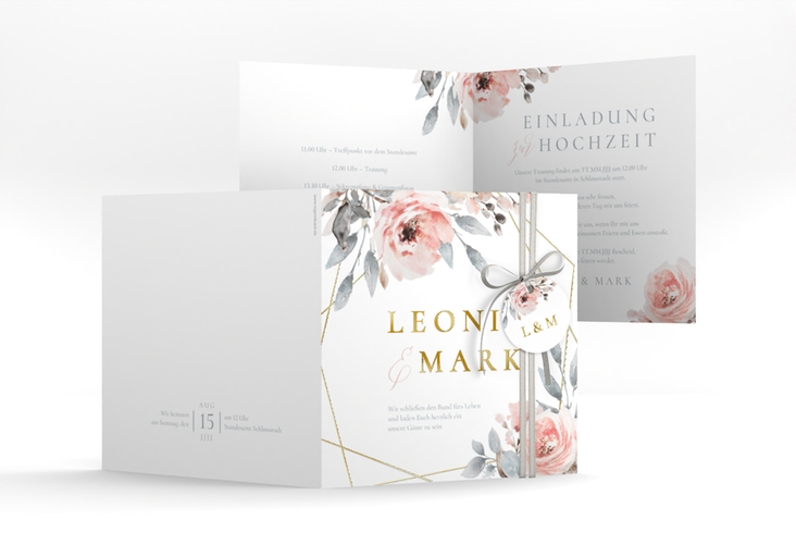 Hochzeitseinladung Perfection quadr. Klappkarte weiss gold mit rosa Rosen