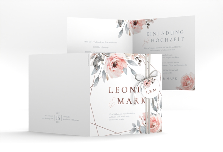 Hochzeitseinladung Perfection quadr. Klappkarte weiss rosegold mit rosa Rosen