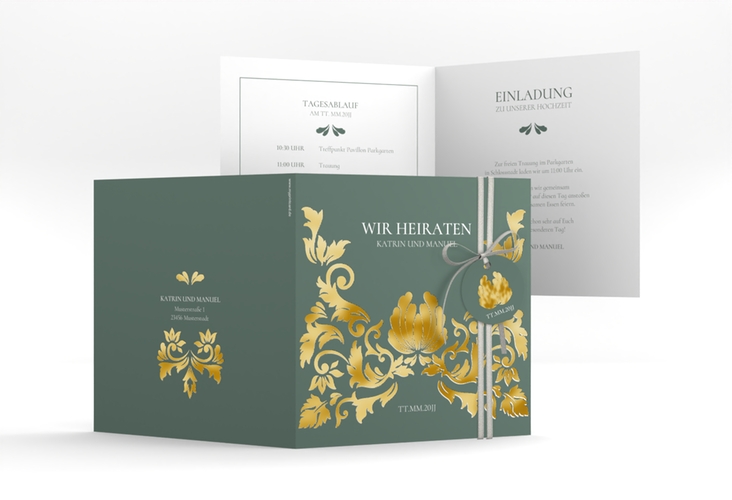 Hochzeitseinladung Royal quadr. Klappkarte gruen gold mit barockem Blumen-Ornament