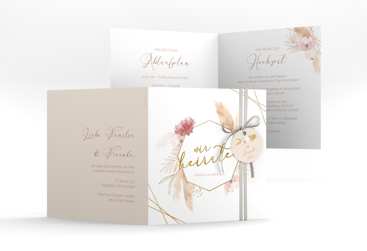 Hochzeitseinladung Bohostyle quadr. Klappkarte beige gold mit Pampasgras in Aquarell
