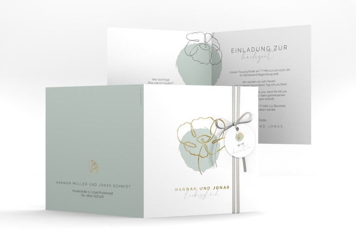 Hochzeitseinladung Flowerline quadr. Klappkarte gruen gold