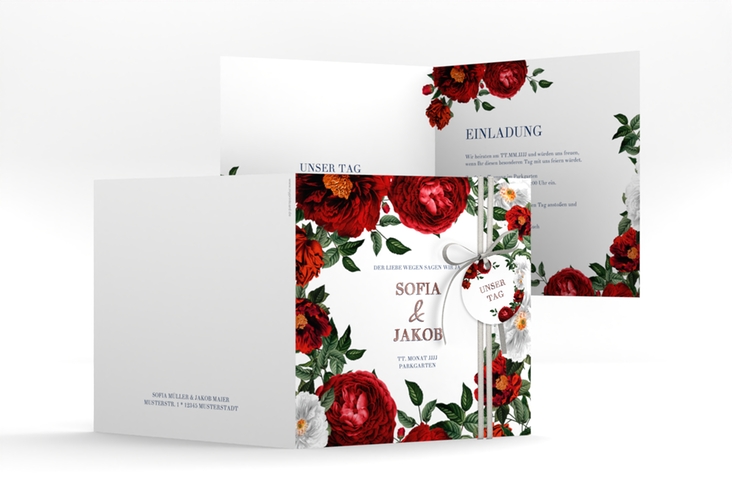 Einladungskarte Hochzeit Florista quadr. Klappkarte weiss rosegold