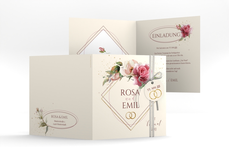 Hochzeitseinladung Rosenbogen quadr. Klappkarte beige gold