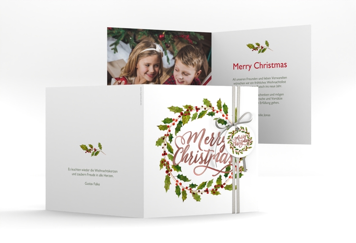 Weihnachtskarte Weihnachtskranz quadr. Klappkarte weiss rosegold mit Kranz aus Stechpalme