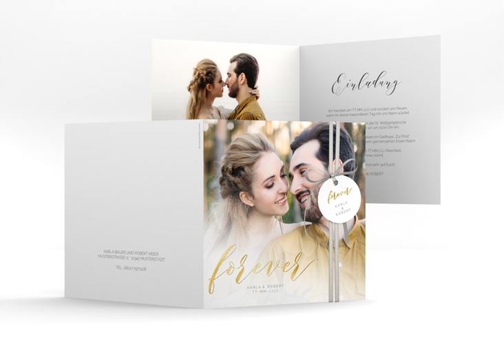 Hochzeitseinladung Promise quadr. Klappkarte weiss gold
