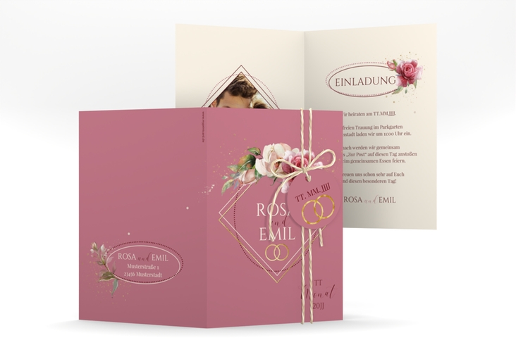 Einladungskarte Hochzeit Rosenbogen A6 Klappkarte hoch rosa gold