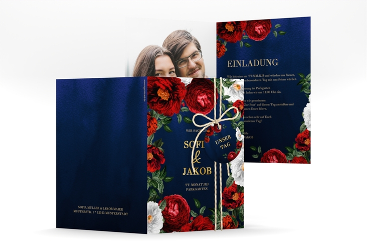 Einladungskarte Hochzeit Florista A6 Klappkarte hoch blau gold