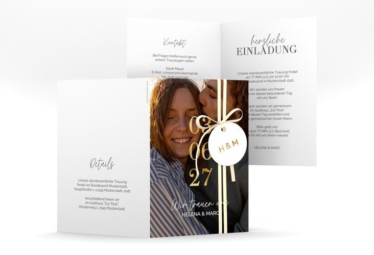 Einladung Hochzeit You and Me A6 Klappkarte hoch bunt gold