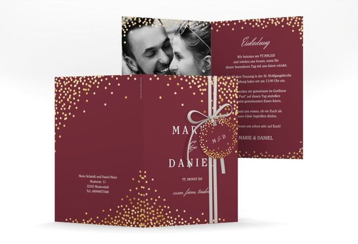 Einladungskarte Hochzeit Glitter A6 Klappkarte hoch rot gold