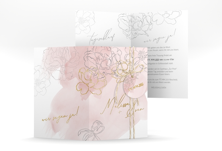 Einladungskarte Hochzeit Pfingstrosen A6 Klappkarte hoch rosa gold