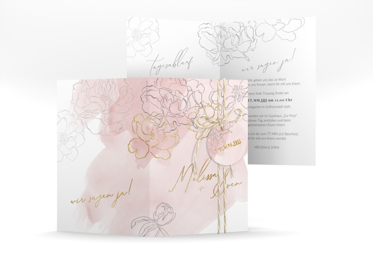 Einladungskarte Hochzeit Pfingstrosen A6 Klappkarte hoch rosa gold