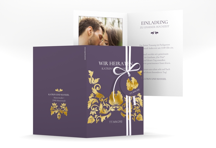Einladungskarte Hochzeit Royal A6 Klappkarte hoch lila gold mit barockem Blumen-Ornament