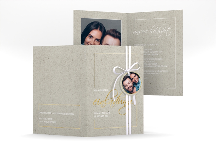 Einladungskarte Hochzeit Simple Line A6 Klappkarte hoch grau gold