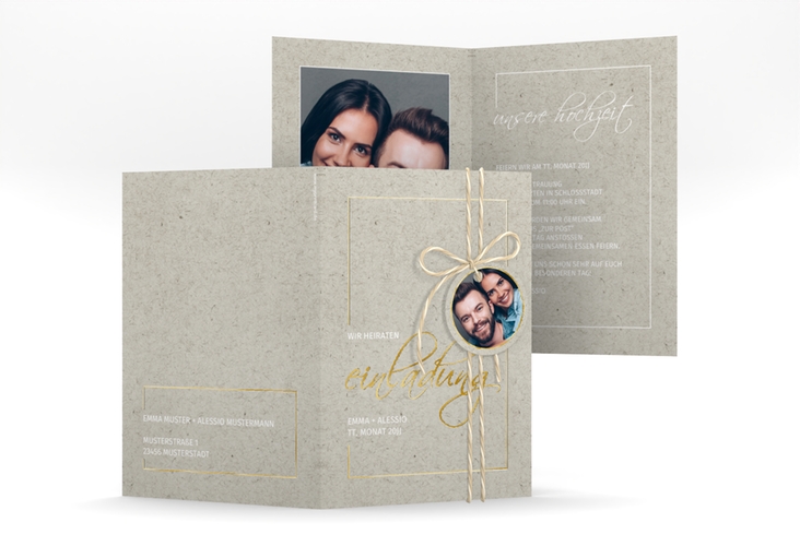 Einladungskarte Hochzeit Simple Line A6 Klappkarte hoch grau gold