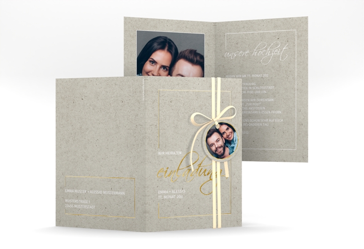 Einladungskarte Hochzeit Simple Line A6 Klappkarte hoch grau gold
