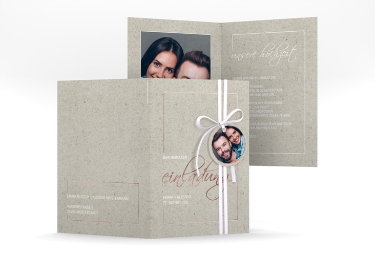 Einladungskarte Hochzeit Simple Line A6 Klappkarte hoch grau rosegold
