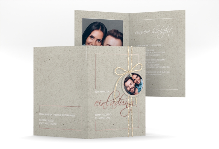 Einladungskarte Hochzeit Simple Line A6 Klappkarte hoch grau rosegold