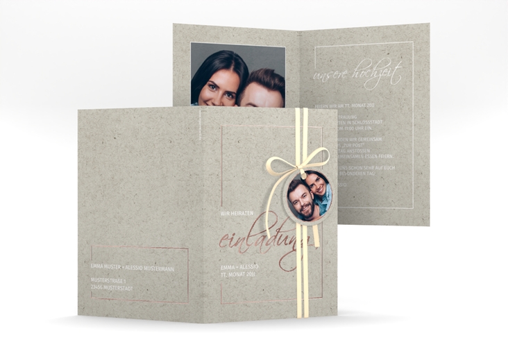 Einladungskarte Hochzeit Simple Line A6 Klappkarte hoch grau rosegold