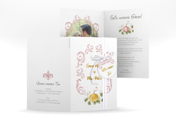 Einladungskarte Hochzeit Märchenhaft A6 Klappkarte hoch rosa gold