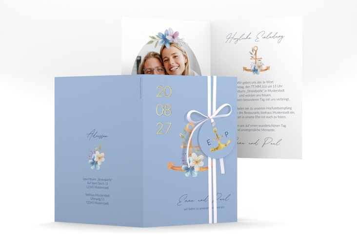 Einladungskarte Hochzeit Anker Floral A6 Klappkarte hoch blau gold